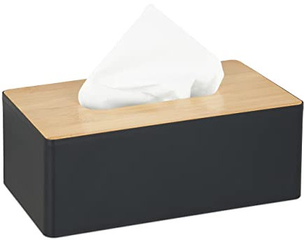 Relaxdays Tücherbox mit Deckel aus Bambus, fürs Bad, modernes Design, Kunststoff, HxBxT: 10 x 26 x 14 cm, schwarz/Natur