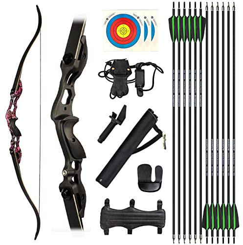 ZSHJGJR Bogenschießen Recurvebogen Set 56 58 60 Zoll 30-60lbs Take Down Recurve Bogen und Pfeil Set Jagd Bogen Für Erwachsene Anfänger mit Bogenschießen Zubehör (60-45lbs, Purple Camo-Set 2)