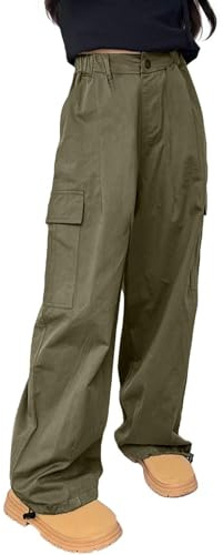 Rolanko Pantaloni Cargo da Ragazza, Pantaloni Larghi in Cotone con Vita Elasticizzata e Tasche Multiple per Bambini di 6-15 Anni, Verde, Taglia: 140