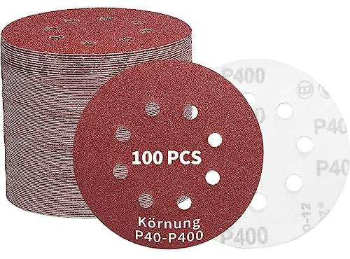 KZKR 100 Stück Schleifpapier 125mm Klett (10 x 40/60/80/100/120/150/180/240/320/400 Körnung) für 8 Loch Exzenterschleifer, 125mm Schleifscheiben für Holz, Holzwerkstoffe, Spanplatte, Metall