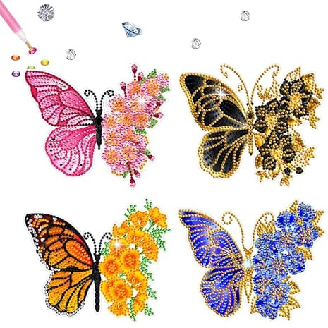 4 Pièces Papillon Diamond Painting Kit pour Enfants,DIY Peinture Diamant,5D Fleurs Autocollants de Diamant Kits Broderie Diamant,Autocollant de Mosaïque Diamond Art pour Enfant Adultes Débutants
