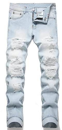 OIIIO Men's Ripped Slim Fit Straight Leg Jean Denim Pant (34, 30011 Blue)