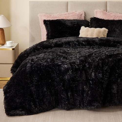 Sacebeleu Ropa de cama de invierno de 200 x 220 cm, color negro, felpa de pelo largo, franela mullida de castor, funda de edredón cálida, funda de edredón y 2 fundas de almohada de 80 x 80 cm con