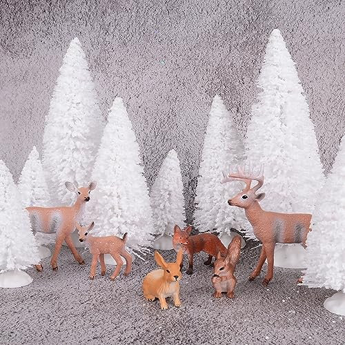 GEBETTER 14Pcs Miniature Noël Figurine Animaux Forêt Mini Sapin Neige Décoration Cadeau Noël Chambre Intérieur Table Vitrine Gâteau Enfant (Blanc)