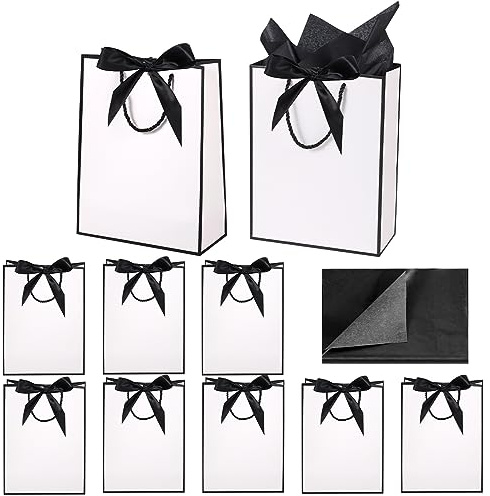 10 Pcs Black White Gift Bags Multipack with 10 Tissue Paper Handles Medium Gift Bags for Graduation Father's Day Wedding Baby Shower Bridesmaid Party