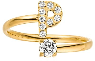 Purelei® Bokstavsring – damring i slitstarkt rostfritt stål – vattentäta ringar – justerbara ringar från storlek 50 till 60 – modesmycke för din individuella look, Ädelsten, Kubisk zirkonia