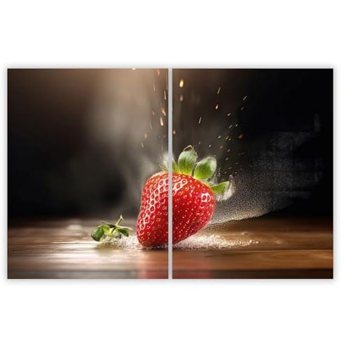 SMTDeco Herdabdeckplatte 2×40×52 cm – Mehr Arbeitsfläche, Spritzschutz & Schneidebrett – ESG Glas, kratzfest – für Induktion/Ceranfeld – 2-teilig, Motiv Erdbeere Holz Rot