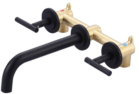 WOWOW Matte Black Bathroom Faucet, 2 Handle Wall Mount Bathroom Faucet and Rough-in Brass Valve Included, Vessel Sink Faucet Wall Mounted 3 Holes Elegant Classic Spout