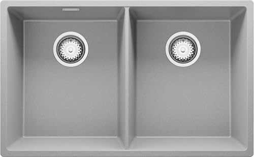 PRIMAGRAN Lavello da Cucina Grigio 76x47cm, Lavandino in Granito a 2 vasche + Sifone Classico, Lavabo Incasso al mobile 80cm - London Slim Twin S005