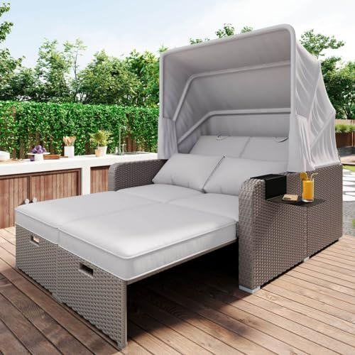 KOMHTOM Liegeinsel Gartensofa Sonneninsel mit Markise in Grau/Khaki, Gartenmöbel Loungemöbel Outdoor wetterfest (Khaki)