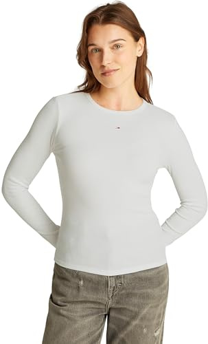 Tommy Jeans Donna Maglietta Maniche Lunghe Slim Fit Essential in Cotone, Bianco (Ecru), L