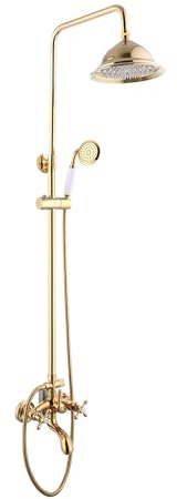 Konfiur Antik Duschsystem, Gold Retro Messing Duschset Rund Regendusche Duschsystem mit Dusch Armatur, Wandmontage Duschsystem, Duscharmatur mit Handbrause Duschpaneel