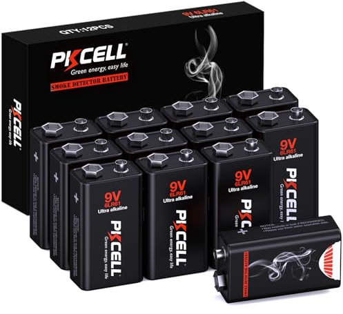 PKCELL Piles 9V 6LR61 Carré Rectangulaire pour Détecteurs de Fumée/Incendie,Lot de 12