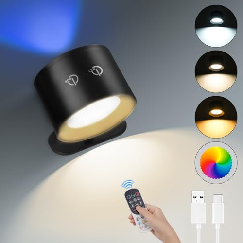 HOTUT Wall Lights Rechargeable Wall Lights, 360°Rotation Magnetic Wall Lighting with 3 Color Temperatures & 12 RGB, Dimming, Touch & Remote Control, Removable Charging Wall Sconce for Bedroom Reading