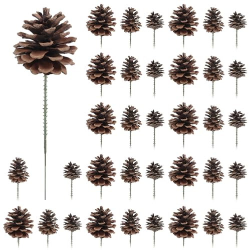 Larber 36 Stück Tannenzapfen, 3 Größen Kiefernzapfen mit Grünen Picks,Zapfen Natur für Weihnachtsbaum, Weihnachtskranz, Girlande, Handwerk, Thanksgiving, Herbst, Home Decor