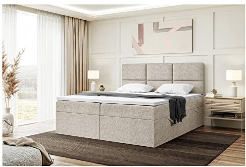 MEBLINI Boxspringbett mit Bettkasten - 200x200 - Gepolstert Doppelbett mit Matratze und Topper - Polsterbett mit Stauraum - Bett ohne Kopfteil - Stauraumbett - KYLIAN - H3/Beige Webstoff