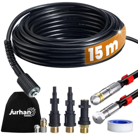 JURHAN Set di pulizia dei tubi (15 m) - Kit di pulizia con 3 adattatori, tubo di alta qualità per alta pressione dell'acqua, compatibile con idropulitrici standard - efficiente pulitore di scarico