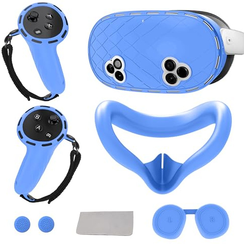 6-in-1 Silicone Cover Set for Meta Quest 3s Accessories, Juylay VR Protective Cover Accessories for Oculus Quest 3S with Facial Interface, Shell Cover, Controller Grip Cover, Joystick Caps,Blue