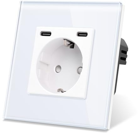 CNBINGO Steckdose mit Type-C Ports, 20W Schnellladen, 1-Fach Weiß Glas | Schuko Steckdose Unterputz mit USB-Schnellladung, Wandsteckdose mit Kindersicherung, Horizontal oder Vertikal, Glasrahmen