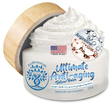 AzulBotanicals Ultimate Anti-Aging Tallow Balm Made with Organic Ingredients and Infused with Copper Peptide (GHK-Cu) and Argireline Hexapeptide, Black Seed Oil, Apricot Seed Oil (1.7 oz)