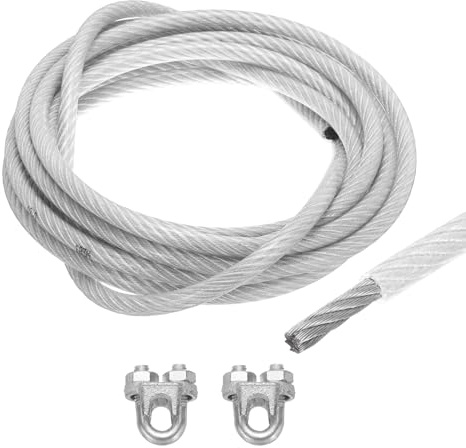 QUARKZMAN 12mm (1/2 Zoll) transparent ummanteltes Drahtseil, 6m / 20ft verzinktes Stahlseil mit 2 Stück M12 Schlaufenhülsen zum Aufhängen von, Geländern und Gartendraht