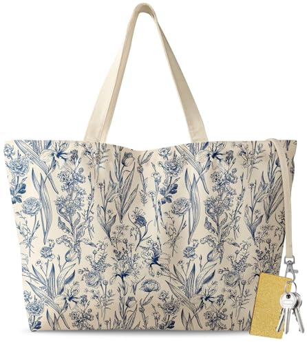 Miss Adola Large Tote Bag for Women - Aesthetic Cute Big Canvas Bags with Zipper Cotton Reusable Shoulder Bag with Hook Graphic for Travel, Work, Shopping, Gym, Blue Flowers