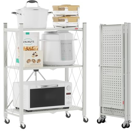 DEANIC Folding Storage Shelves,3 Tiers Metal Shelving Units for Storage 61x85x28 CM, Corner Kitchen Shelves on Wheels,Pantry Shelves,Bookcase for Living room Grey