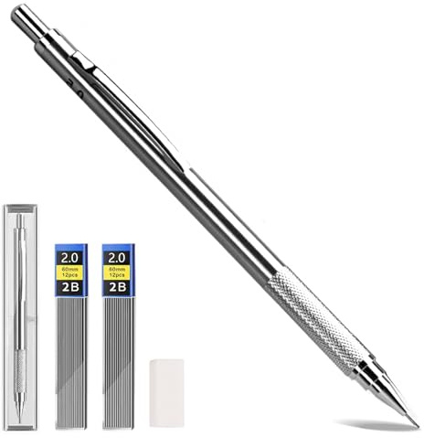 Druckbleistifte aus Metall, 2 mm, mit 8 2B-Minen und 4 Radiergummis, perfekt zum Schreiben, Zeichnen und Skizzieren