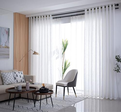 Tolldek Halbtransparent Voile Vorhänge 2er Pack, Weiß Voile Gardine Leinenoptik Einfarbig, Polyester Ösen Vorhänge Fenstergardinen für Wohnzimmer, B 102 x H 160cm