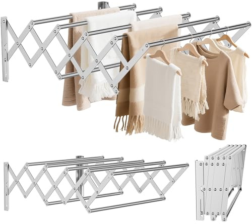 OUUTMEE Étendoir à Linge Mural Pliable, Séchoir à Linge Mural en Acier Inoxydable avec 7 Tiges, Largeur Rétractable: 42-80CM, Porte-Serviettes Suspendu pour Buanderie Salle de Bain, Moyen (Argent)