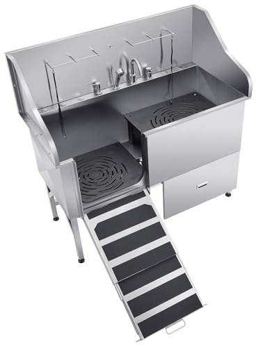 Happybuy Stainless Steel Dog Washing Station, 61 - inch Pet Grooming Tub with Ramp, Water Filter Board, Faucet, Showerhead & Leash, Suitable for Large, Medium and Small Pets (Left Door)