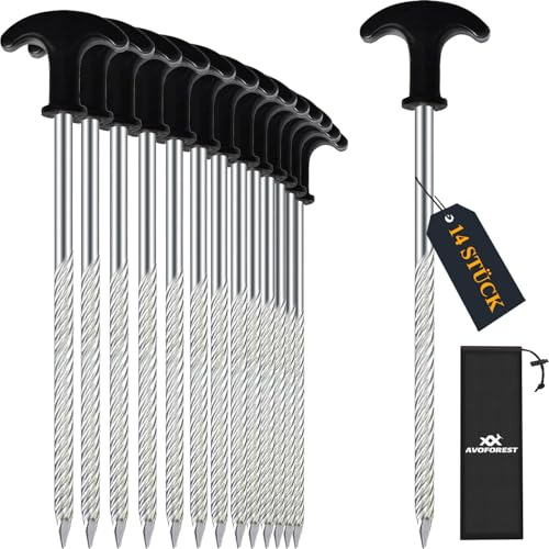 AVOFOREST Zeltheringe Stahl, 14x Heringe Erdnägel Stabil Camping Schraubheringe,Lange und robuste Erdnägel,ideal für normalen und harten Boden,Wald, Wiesen, Gras, Sandboden