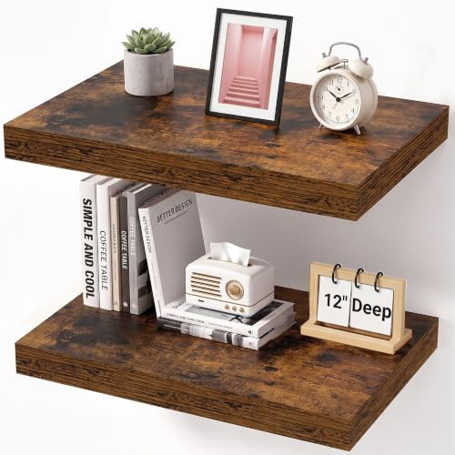 Feihorrm Extra Tiefes 29,5 cm Wandregal Holz, 40cm Wandboard Vintage Braun | 2er Set Schweberegal aus MDF Holz, Regal Wand für mehr Stauraum, Regalbrett für Küche, Wohnzimmer, Schlafzimmer, Badezimmer