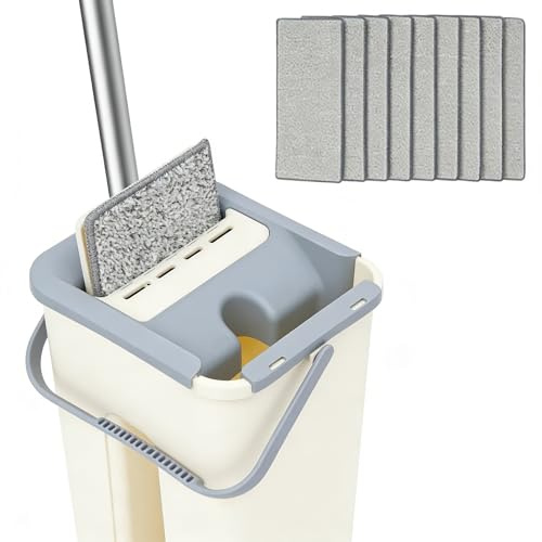 awolsrgiop Wischmopp Set mit Eimer, Bodenwischer Set, 8l Divider Bucket Mopp Set Mit 10 Blatt Austauschbarem Mikrofasertuch, Geeignet für Holzbretter, Fliesen, Marmor Langmopps
