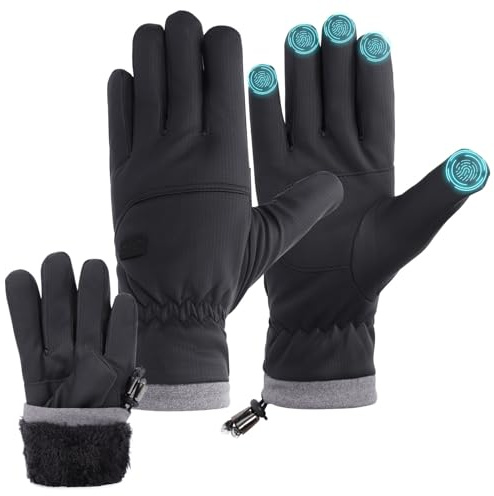 Winter Thermal Gloves for Men Women Waterproof Warm Ski Glove with Fleece Lining Windproof Drawstring Touchscreen Gloves for Cold Weather Cycling Driving Skiing Running (Black, M)