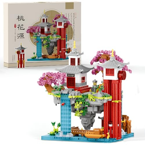 JVAVNE Mini Sakura Baumhaus Bauklötze Bausteine, 1569 Teile Chinesische Pfirsichblüten Architektur Klemmbausteine, Mikro Japanisches Sakura Baumhaus Bausatz, Geschenk für Mädchen