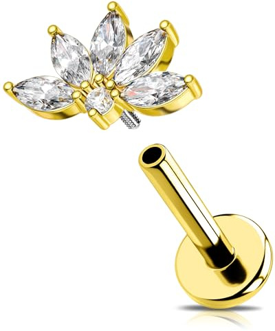 OUFER Helix Piercing Schmuck Lotus Conch Stecker 16G Labret Lippenpiercing Stecker Helix Knorpel Ohrringe Schmuck 316L Chirurgenstahl Silber Gold Innengewinde Tragus Piercings für Frauen 6 8 mm