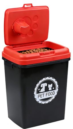 Greenfields 40L/15KG - Pet Food Storage Airtight Storage Container with Flip Top Locking System - Integrated Scoop Food Dispenser Bin, Birds, Pets, Cat, Dog, Fish, Pellet (Black/Red)