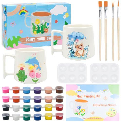 Suevut Pintar Cerámica Kit Taza, 2 Piezas Taza de Cerámica para Pintar Personalizada con Colores, Pinceles e Paleta, Ideal para Adultos,Niños y Proyectos Creativos per Adulti