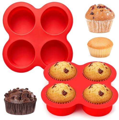 EZOOU 2 Pcs Red 4-Cup Silicone Egg Bite Moulds, Non-Stick Muffin Trays | Round Baking Pans for Mini Muffins, Quiches, Tarts, Ovens and Air Fryers