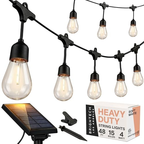 Brightech Ambience Pro - 48 Ft Waterproof, Solar Power Outdoor String Lights - 1W LED Hanging Edison Bulbs Create Bistro Ambience in Your Yard - Commercial Grade, Shatterproof - 15 Lights, Soft White