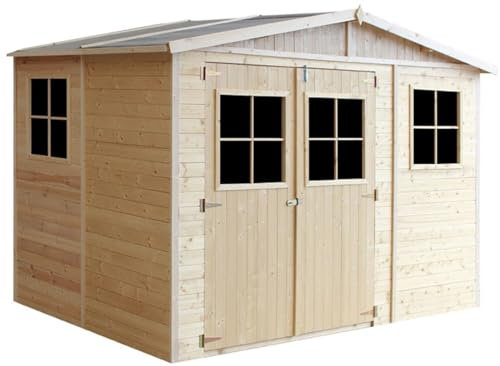 Casa da giardino in legno naturale CON PAVIMENTO IMPREGNATO A226x216x324 cm/6 m²- Magazzino esterno con finestre - Capanno da giardino - Bici, Deposito attrezzi e rimessa TIMBELA M334+M334G