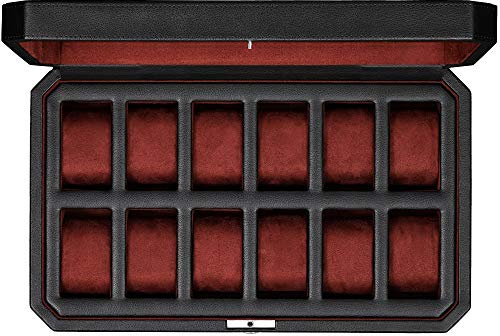 ROTHWELL 12 Slot Leder Uhrenbox - Luxus Uhrengehäuse Display Organizer, Herren Aufbewahrungsboxen Halter Große Glasplatte (Schwarz/Rot)