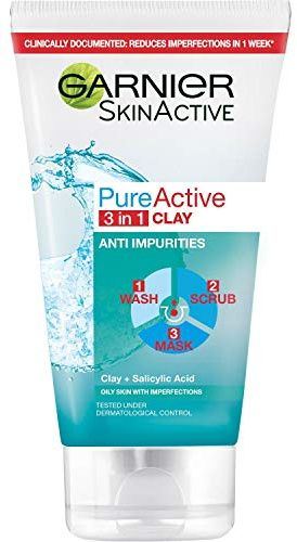 GARNIER PureActive 3-in-1; Wash, Scrub & Mask, 150 ml