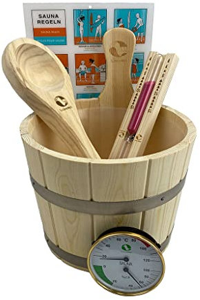 Classico set di accessori per sauna, 5 pezzi, Premium con vaso per sauna in legno di conifera, cazzuola per sauna, termometro rettangolare e clessidra 15 minuti con sabbia nera