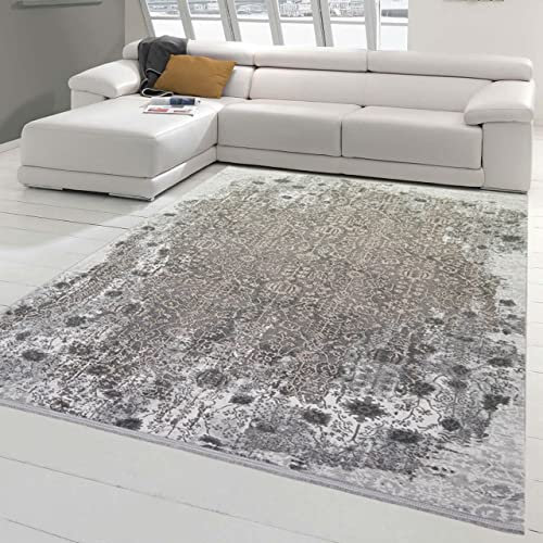 Teppich-Traum Orientteppich für Wohn- & Schlafzimmer | pflegeleicht & langlebig | Verzierungen in Creme grau Größe 120x170 cm