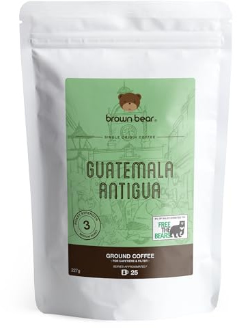 Guatemala Antigua Ground Coffee 227g - For French Press Cafetiere Filter Drip V60 Aeropress - Brown Bear Guatemalan Coffee - Medium Roast - Strength 3 - Donation to Free The Bears