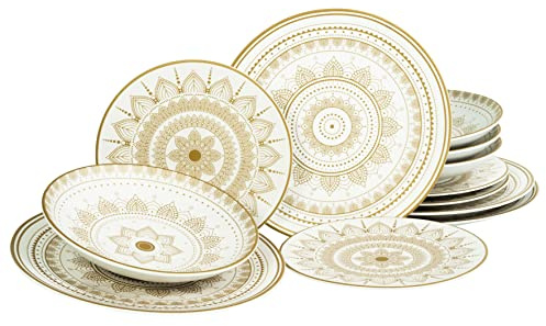 CreaTable, 23607, Serie MANDALA GOLD - Weiss, 12-teiliges Geschirrset, Teller Set aus Steinzeug, spülmaschinen- und mikrowellengeeignet, Qualitätsproduktion