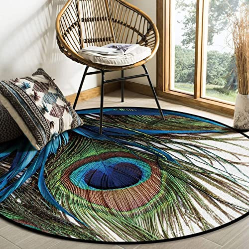 SRTJURFG Runden Teppich, Schlafzimmer Teppich, Rutschfester Teppich Pfauenfeder Kobalt-Smaragd Weicher, Rutschfester, großer Heimdekorateur-Bodenteppich ø 150CM