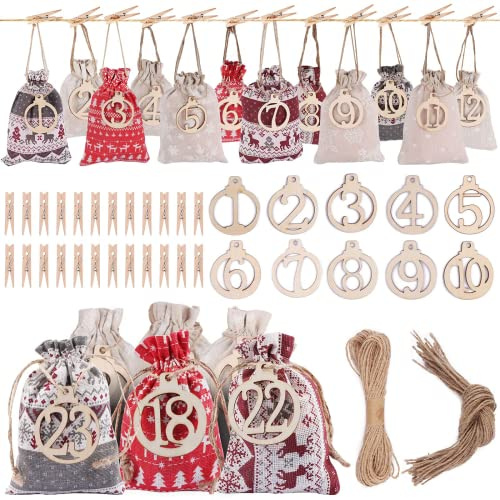Adventskalender zum Befüllen Stoffbeutel, EBANKU 24 Tüten Adventskalender zum Befüllen, Selberfülle Adventskalender Säckchen Kinder, DIY Klein Weihnachtskalender Säckchen mit Zahlen